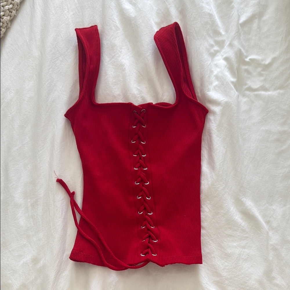 Fashion Nova Red Lace-Up Ribbed Tank Top